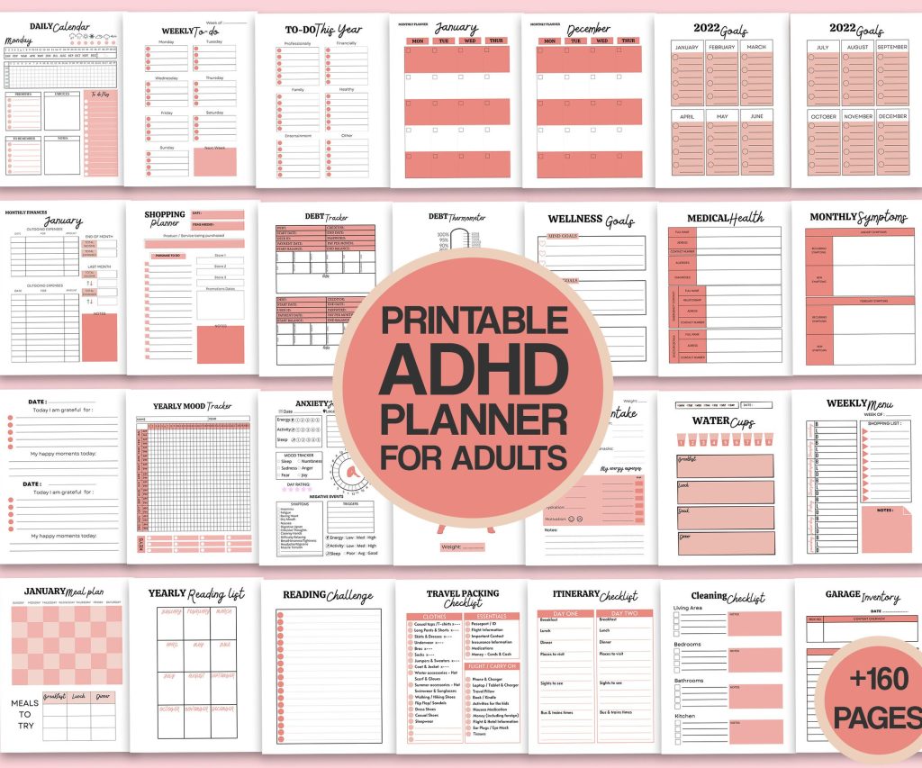 Adult ADHD +160 Pages Life Planner for Journal, Printable PDF size 8.5×11" adhd