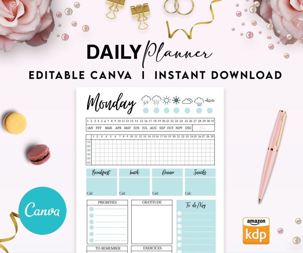 Canva Daily Planner Template for Journal, Canva Planner editable interior COMMERCIAL USE Canva editable