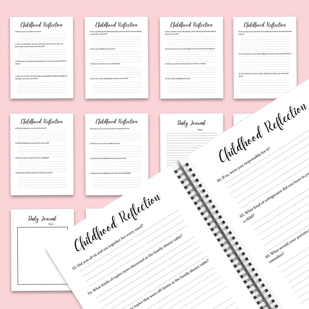 Childhood Reflection guided journal With Prompts 30 Editable Templates 100 questions, 8.5×11″ Canva Planner editable interiors Bundle COMMERCIAL Use childhood reflection