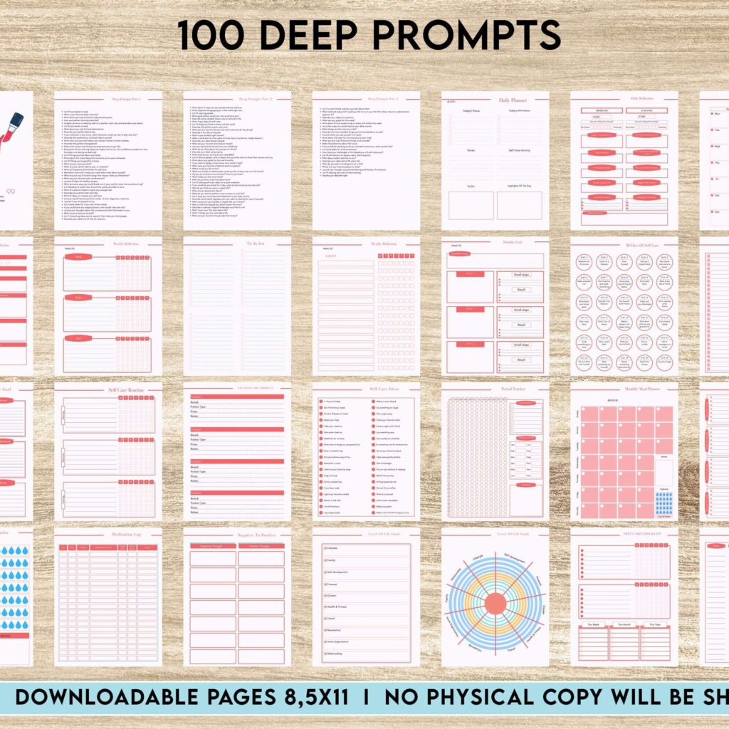 100 Journal Prompts, Deep thought Prompts, Prompts Mental Health Journal, Self Care Journal, Writing Prompts, PDF Printable, 8,5×11″ A4 size