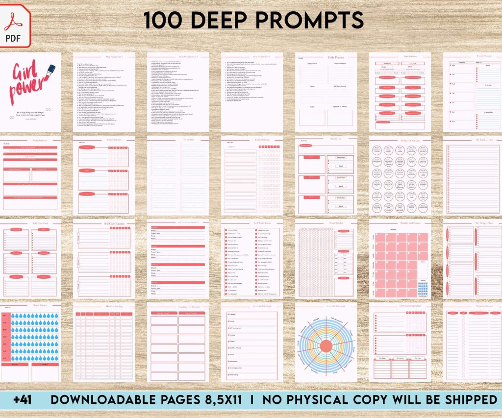 100 Journal Prompts, Deep thought Prompts, Prompts Mental Health Journal, Self Care Journal, Writing Prompts, PDF Printable, 8,5×11″ A4 size