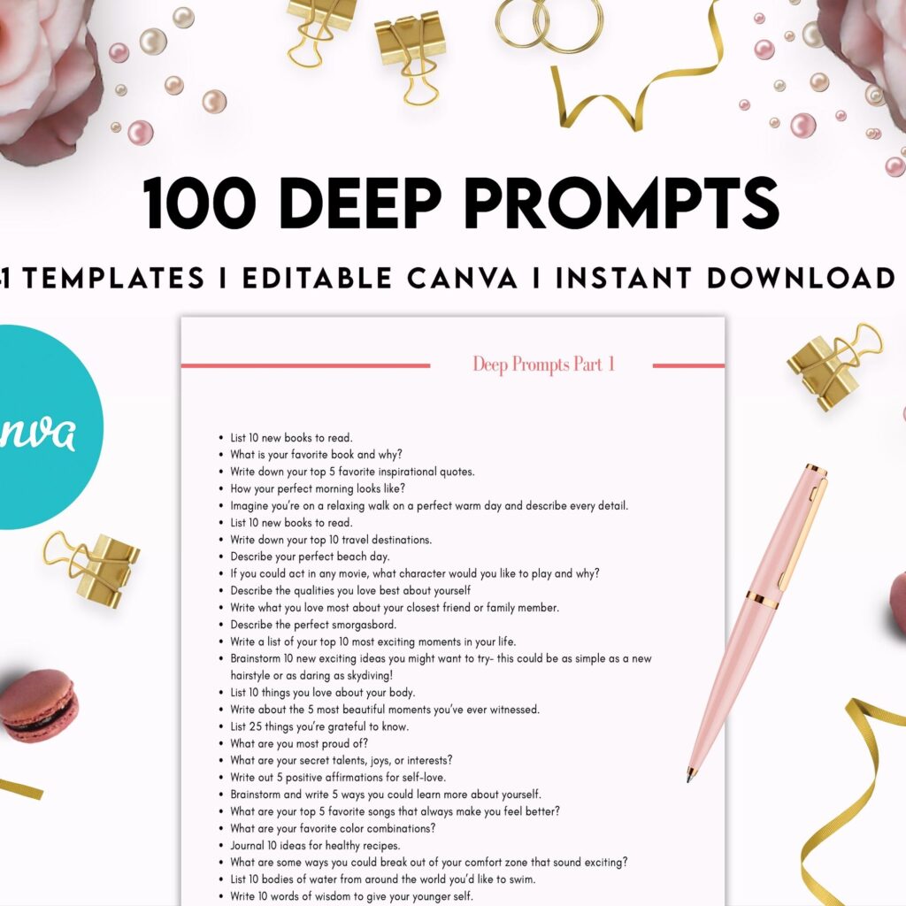 100 Journal Prompts, Deep thought Prompts, Prompts Mental Health Journal, Self Care Journal, Writing Prompts, Canva Editable Templates, interior Anxiety Tracker