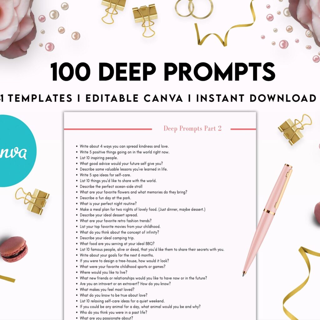 100 Journal Prompts, Deep thought Prompts, Prompts Mental Health Journal, Self Care Journal, Writing Prompts, Canva Editable Templates, interior Anxiety Tracker