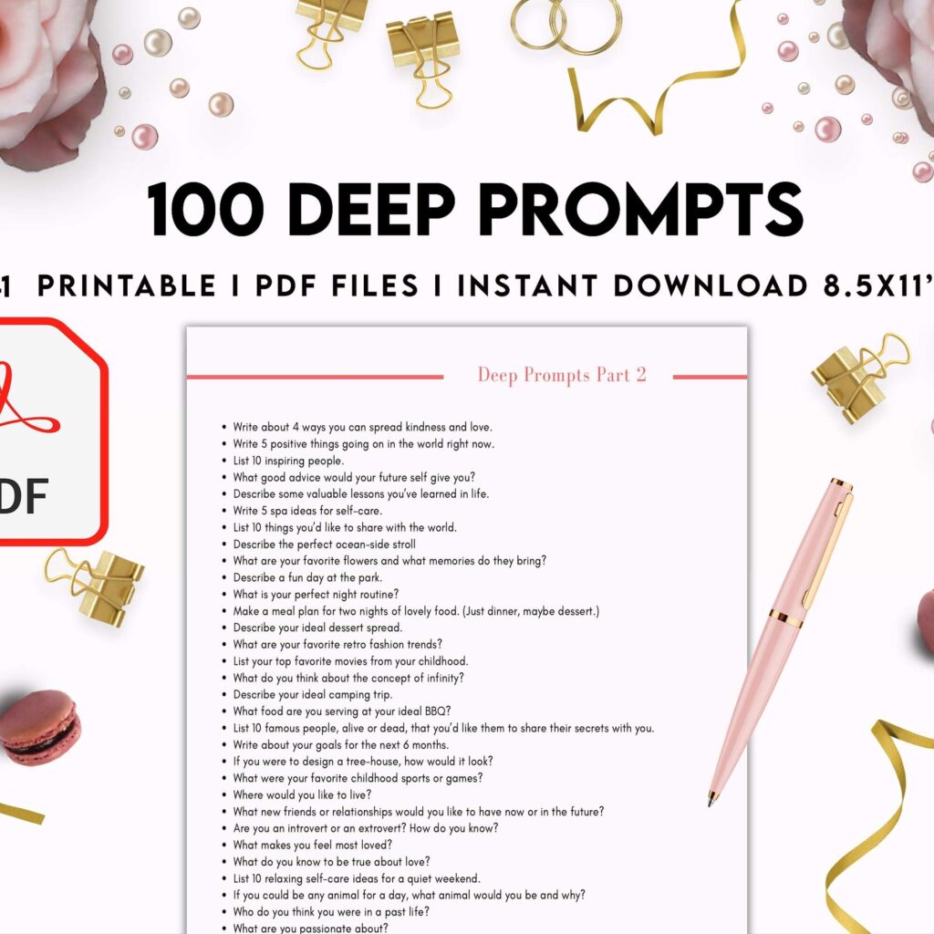 100 Journal Prompts, Deep thought Prompts, Prompts Mental Health Journal, Self Care Journal, Writing Prompts, PDF Printable, 8,5×11″ A4 size