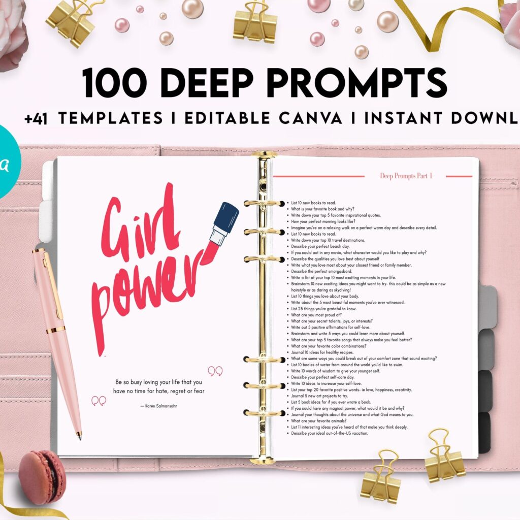 100 Journal Prompts, Deep thought Prompts, Prompts Mental Health Journal, Self Care Journal, Writing Prompts, Canva Editable Templates, interior Anxiety Tracker