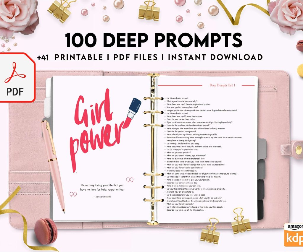 100 Journal Prompts, Deep thought Prompts, Prompts Mental Health Journal, Self Care Journal, Writing Prompts, PDF Printable, 8,5×11″ A4 size
