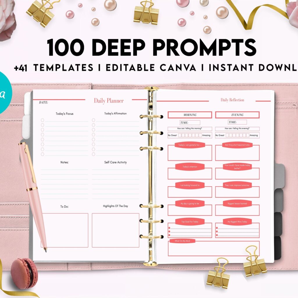 100 Journal Prompts, Deep thought Prompts, Prompts Mental Health Journal, Self Care Journal, Writing Prompts, Canva Editable Templates, interior Anxiety Tracker