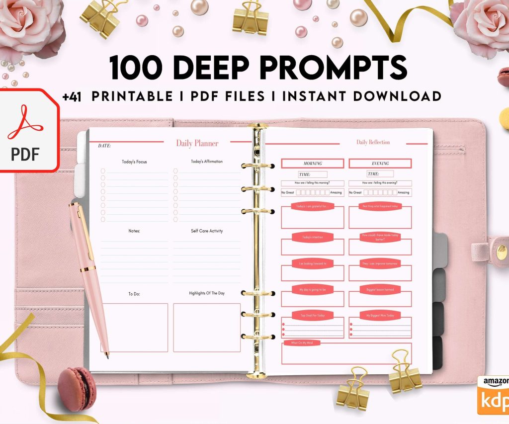 100 Journal Prompts, Deep thought Prompts, Prompts Mental Health Journal, Self Care Journal, Writing Prompts, PDF Printable, 8,5×11″ A4 size