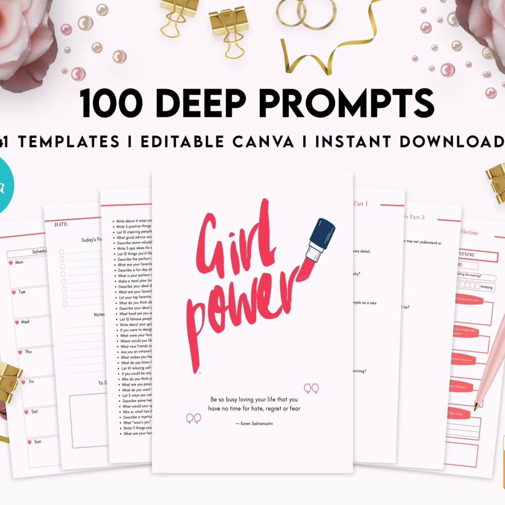 100 Journal Prompts, Deep thought Prompts, Prompts Mental Health Journal, Self Care Journal, Writing Prompts, Canva Editable Templates, interior Anxiety Tracker