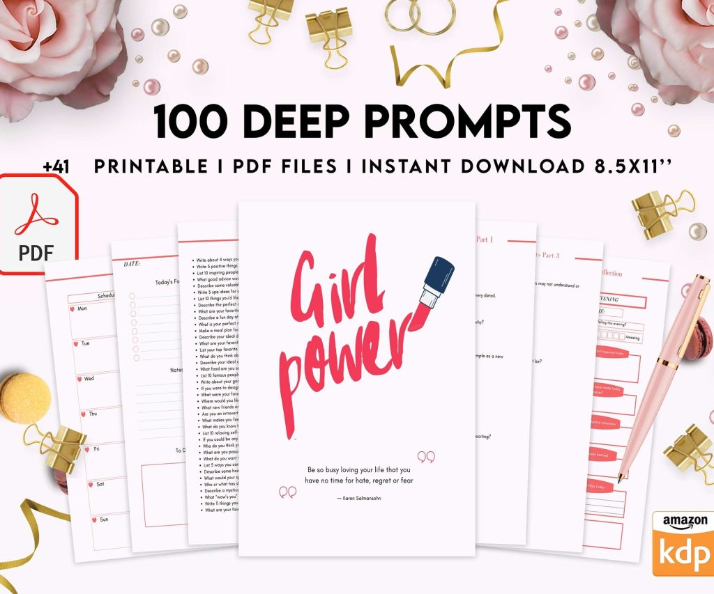 100 Journal Prompts, Deep thought Prompts, Prompts Mental Health Journal, Self Care Journal, Writing Prompts, PDF Printable, 8,5×11″ A4 size