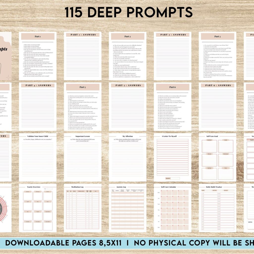 Deep Journal Prompts Deep Journal Prompts, Mental Health, 8×11 inch pages size Journal Pages, PDF Printable, 8,5×11″ A4 size, binder journal anxiety