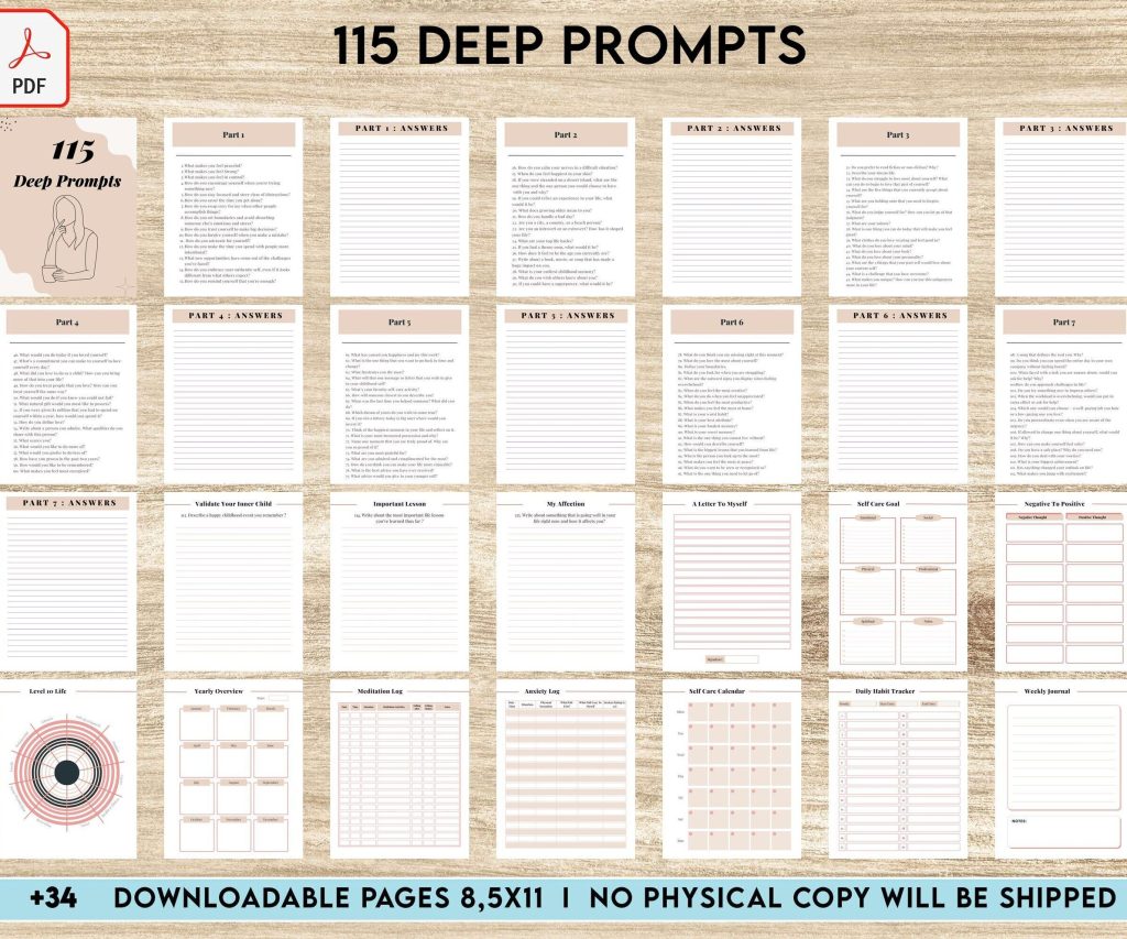Deep Journal Prompts Deep Journal Prompts, Mental Health, 8×11 inch pages size Journal Pages, PDF Printable, 8,5×11″ A4 size, binder journal anxiety