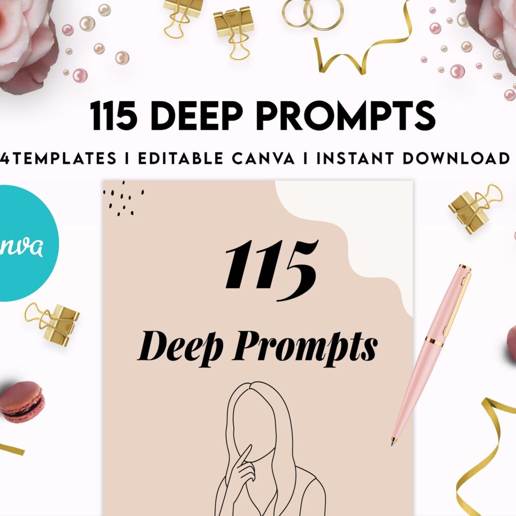 115 Deep Journal Prompts, Mental Health, Editable Templates Journal Pages, Canva Editable Templates, interior, binder journal anxiety