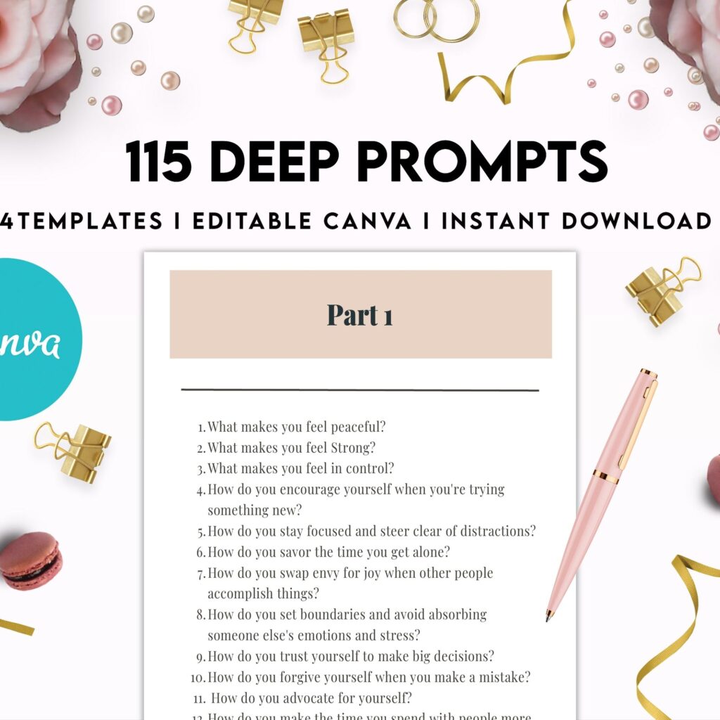 115 Deep Journal Prompts, Mental Health, Editable Templates Journal Pages, Canva Editable Templates, interior, binder journal anxiety