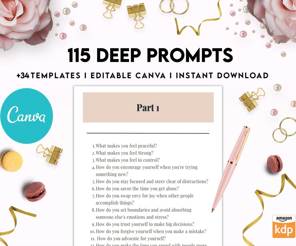 115 Deep Journal Prompts, Mental Health, Editable Templates Journal Pages, Canva Editable Templates, interior, binder journal anxiety
