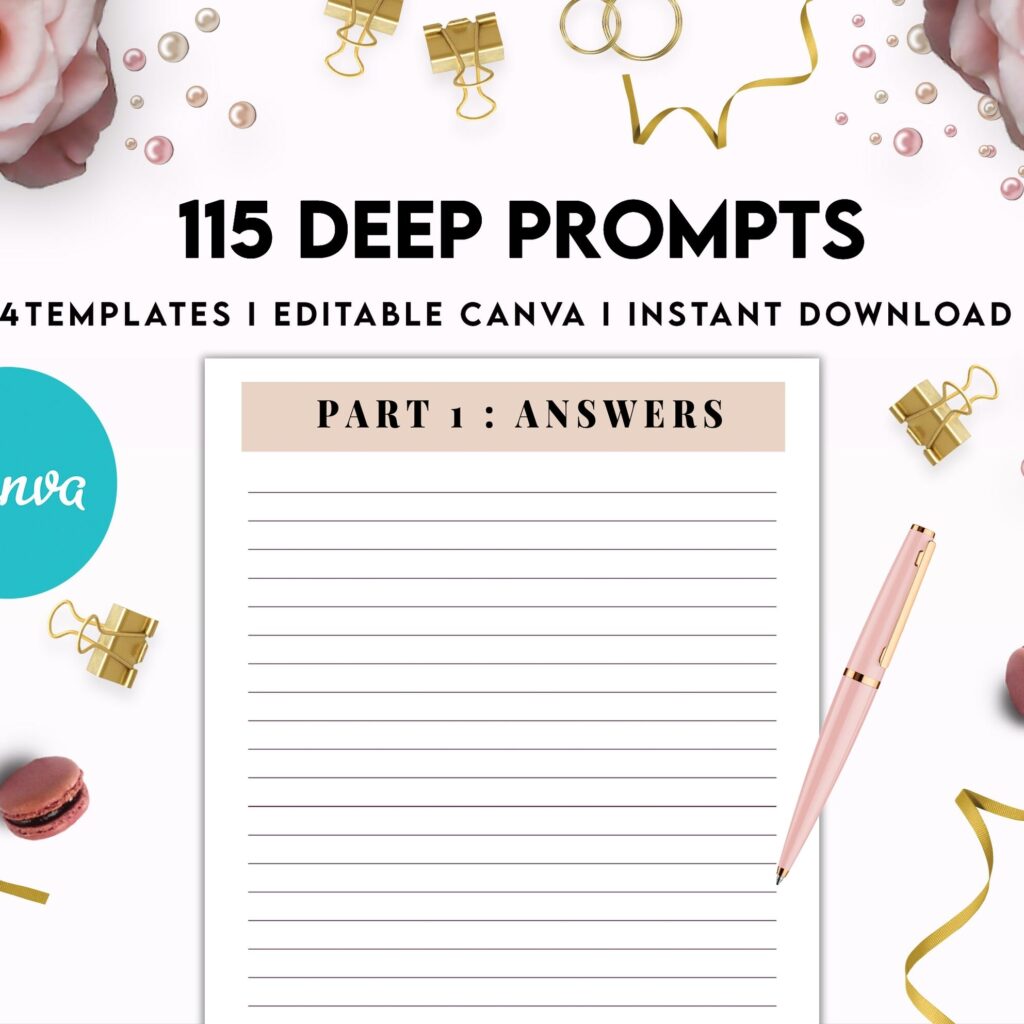 115 Deep Journal Prompts, Mental Health, Editable Templates Journal Pages, Canva Editable Templates, interior, binder journal anxiety