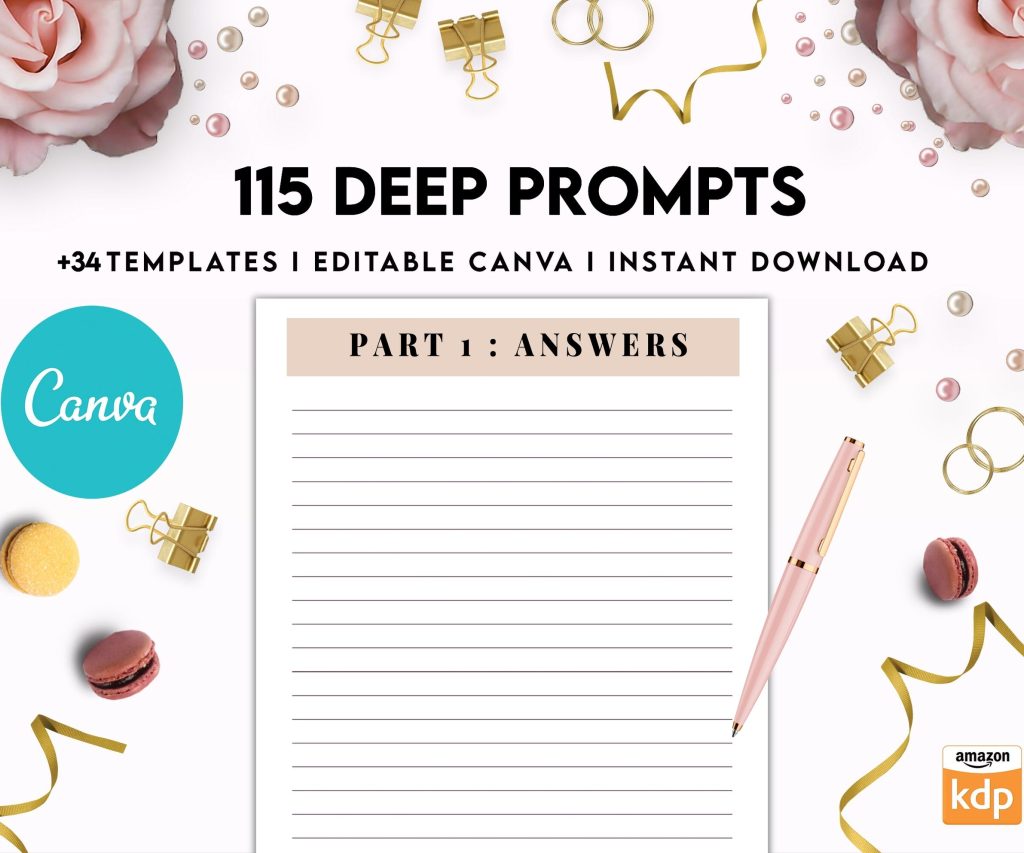 115 Deep Journal Prompts, Mental Health, Editable Templates Journal Pages, Canva Editable Templates, interior, binder journal anxiety