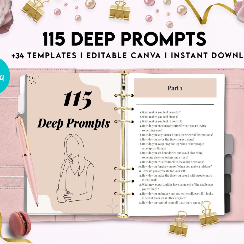 115 Deep Journal Prompts, Mental Health, Editable Templates Journal Pages, Canva Editable Templates, interior, binder journal anxiety