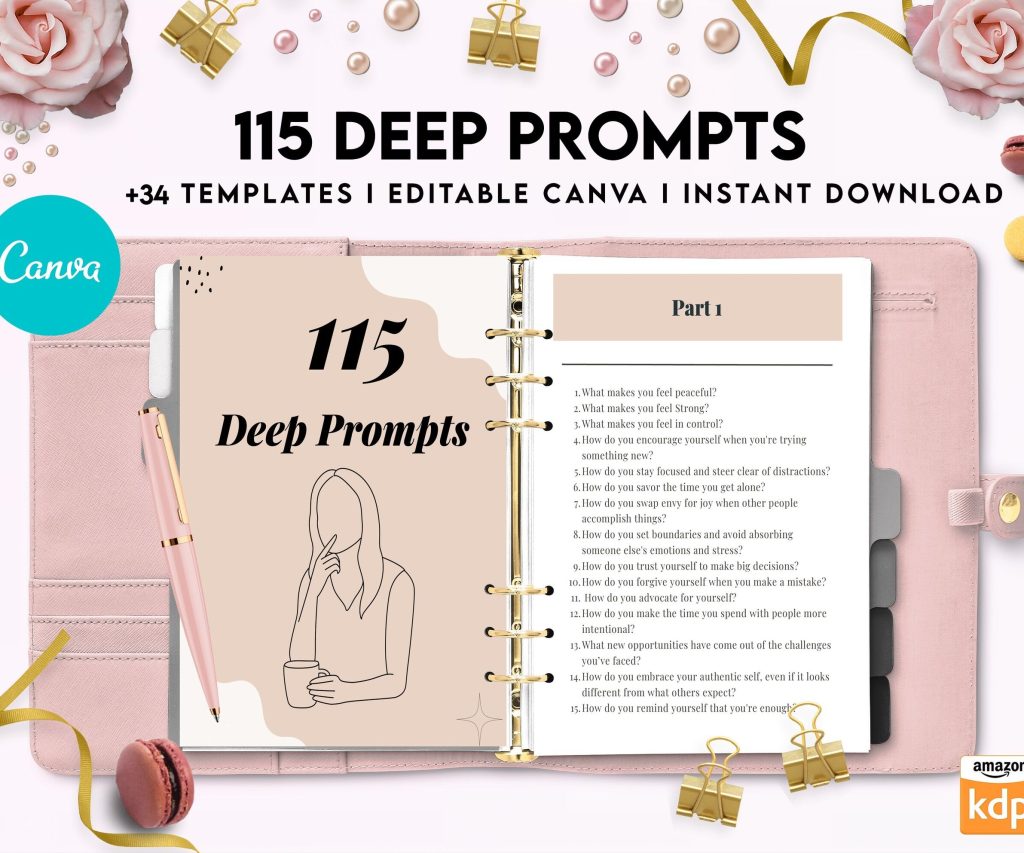 115 Deep Journal Prompts, Mental Health, Editable Templates Journal Pages, Canva Editable Templates, interior, binder journal anxiety