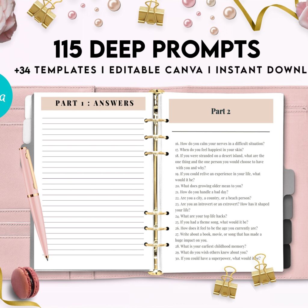 115 Deep Journal Prompts, Mental Health, Editable Templates Journal Pages, Canva Editable Templates, interior, binder journal anxiety