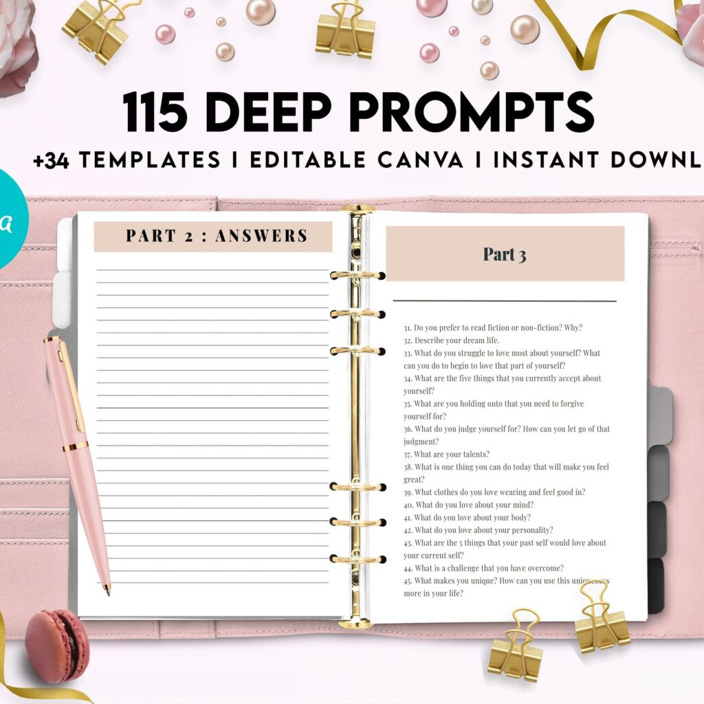 115 Deep Journal Prompts, Mental Health, Editable Templates Journal Pages, Canva Editable Templates, interior, binder journal anxiety