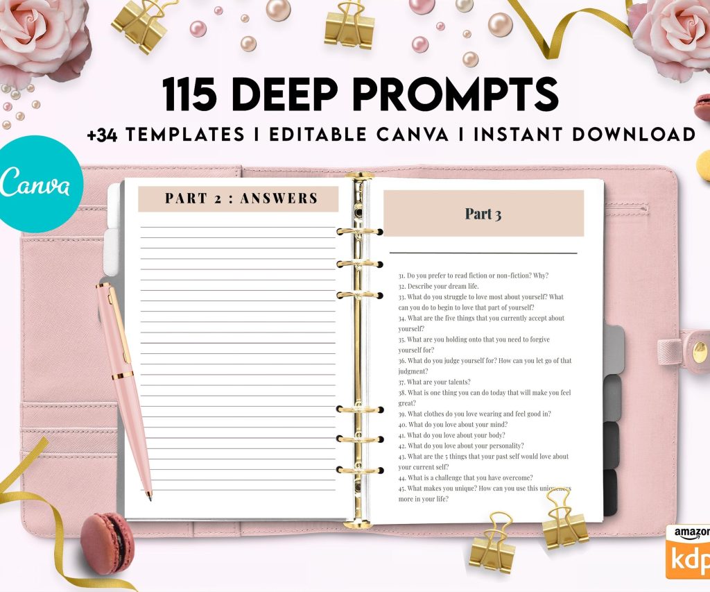 115 Deep Journal Prompts, Mental Health, Editable Templates Journal Pages, Canva Editable Templates, interior, binder journal anxiety