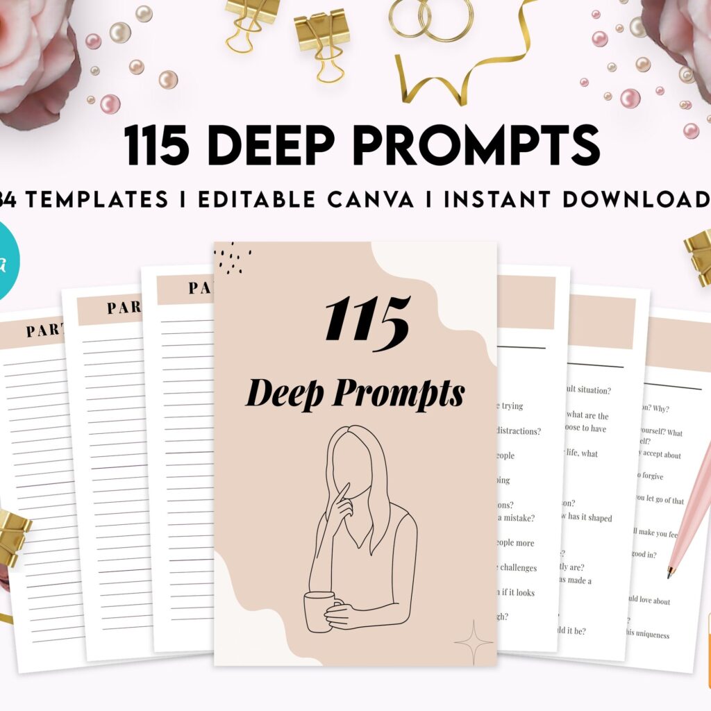 115 Deep Journal Prompts, Mental Health, Editable Templates Journal Pages, Canva Editable Templates, interior, binder journal anxiety
