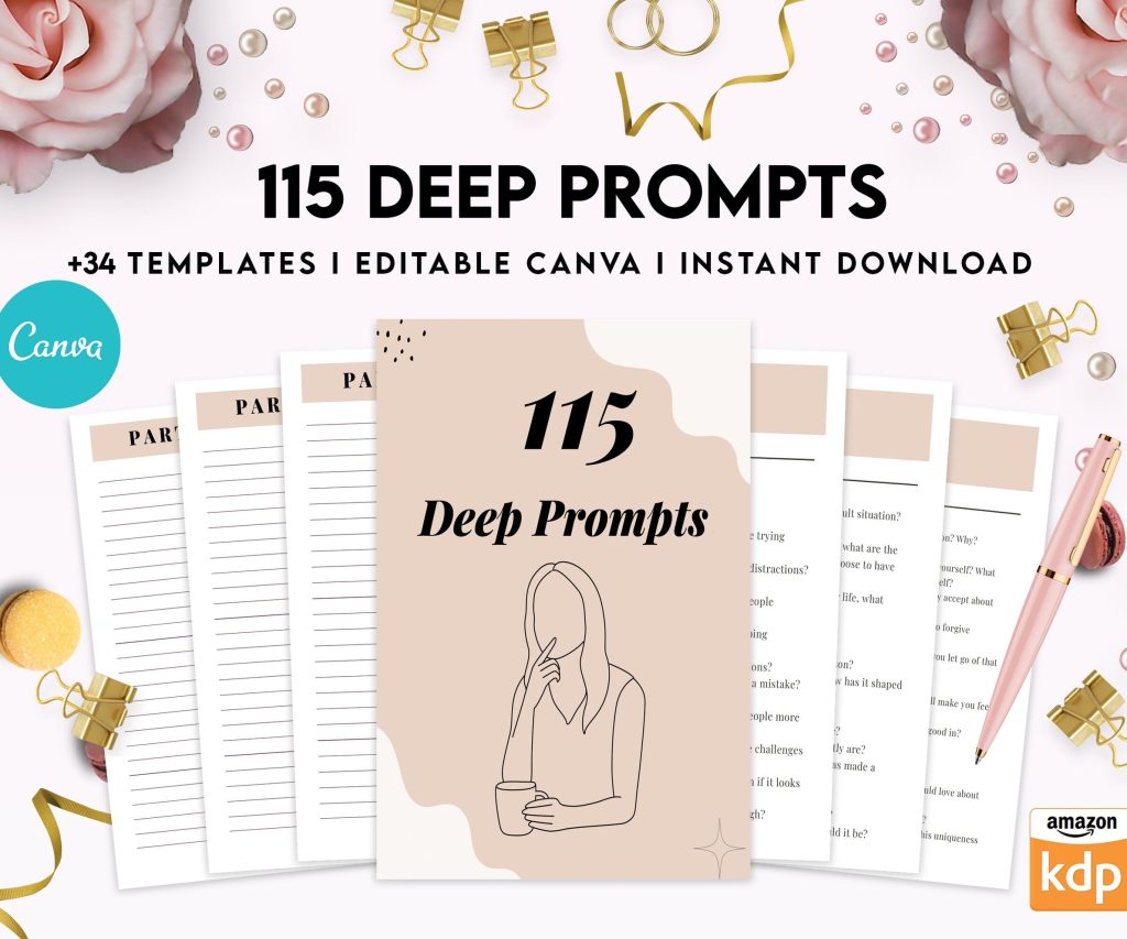 115 Deep Journal Prompts, Mental Health, Editable Templates Journal Pages, Canva Editable Templates, interior, binder journal anxiety