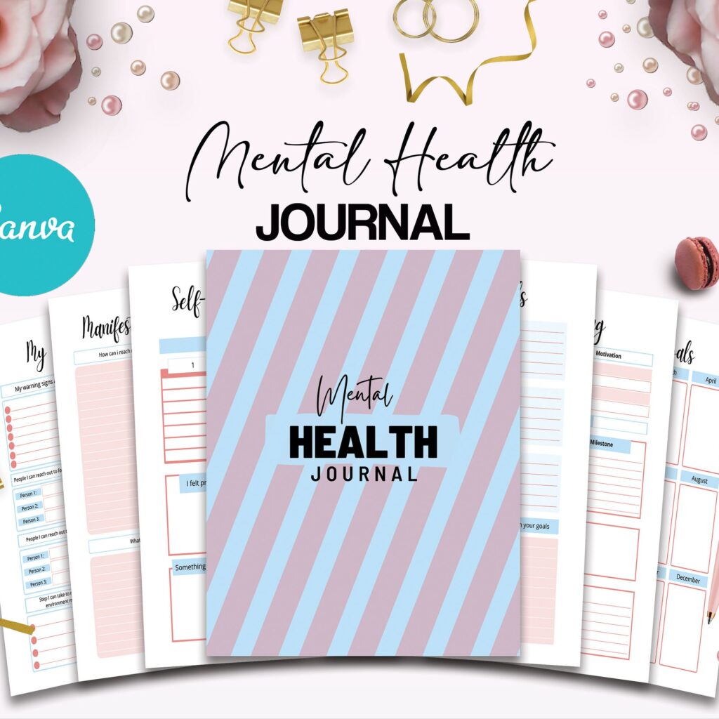 Mental Health guided therapy journal With Prompts 60 Editable Templates, 8.5×11″ Canva Planner editable interiors Bundle COMMERCIAL Use anxiety journal
