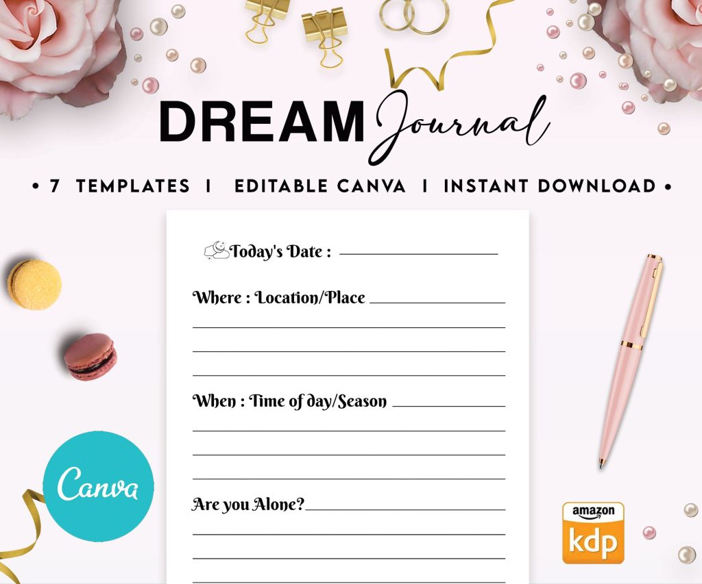 Dream Journal 7 Editable Canva Templates for Journal, Canva dream logbook editable interior 6×9″ low content book canva_dream_journal