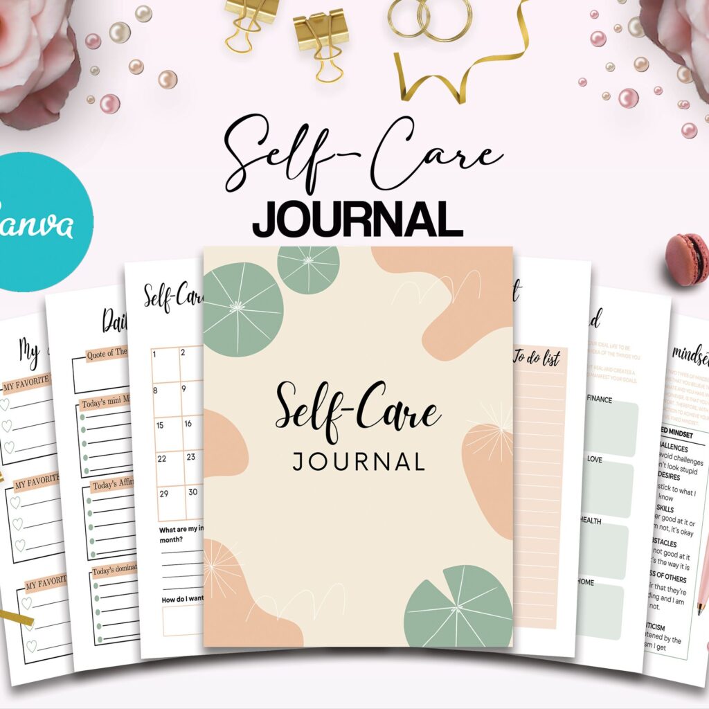Self-care self love wellness, guided journal With Prompts 63 Editable Templates, 8.5×11″ Canva Planner editable interiors Bundle COMMERCIAL Use guided journal