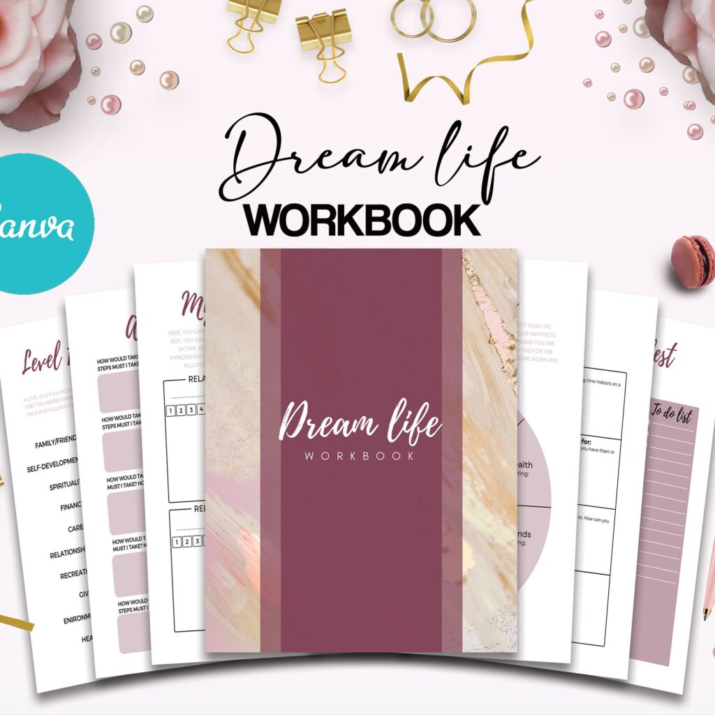 Dream Life Manifestation Journal 8.5×11″ Canva Editable 60 Templates, Canva editable interior workbook, digital and printable. canva_Planner