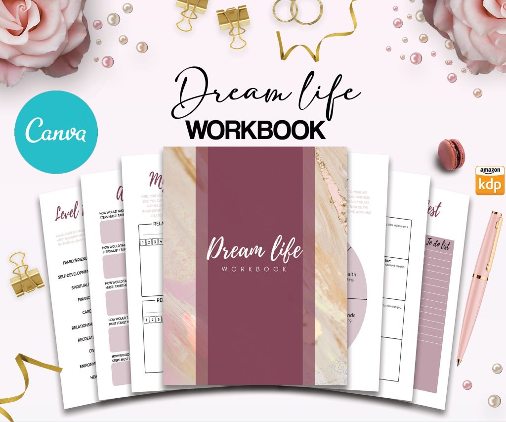 Dream Life Manifestation Journal 8.5×11″ Canva Editable 60 Templates, Canva editable interior workbook, digital and printable. canva_Planner
