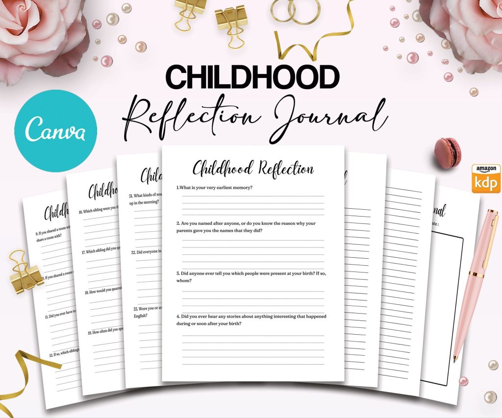 Childhood Questions Childhood Reflection guided journal With Prompts 30 Editable Templates 100 questions, 8.5×11″ Canva Planner editable interiors Bundle COMMERCIAL Use childhood reflection
