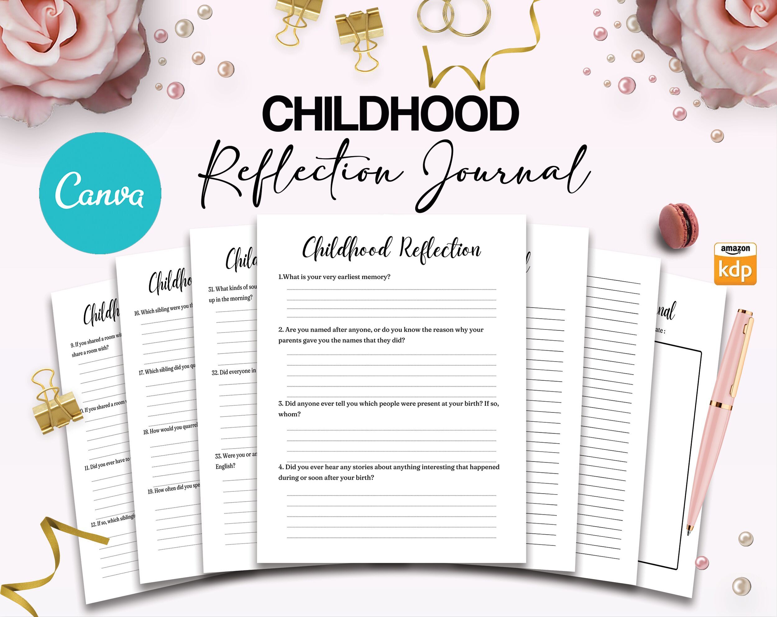 Childhood Questions Childhood Reflection guided journal With Prompts 30 Editable Templates 100 questions, 8.5×11″ Canva Planner editable interiors Bundle COMMERCIAL Use childhood reflection