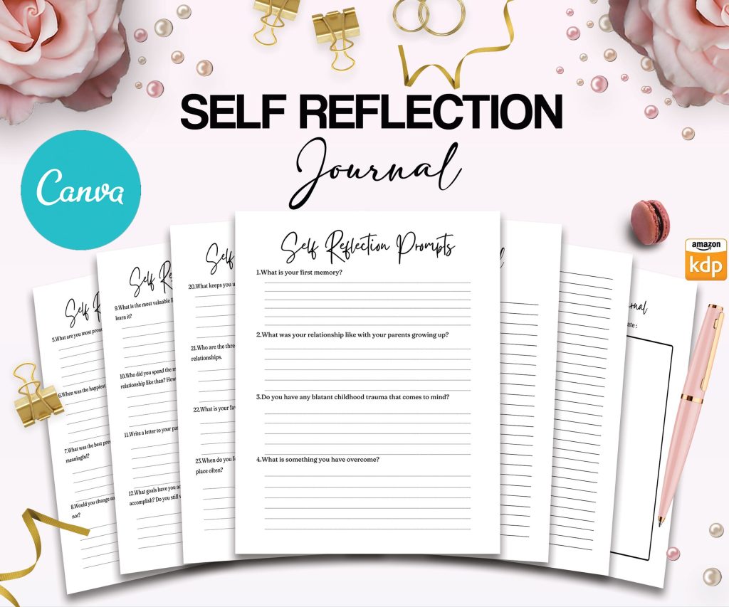 Self Reflection Journal Self-Reflection guided journal With Prompts 30 Editable Templates 100 questions, 8.5×11″ Canva Planner editable interiors Bundle COMMERCIAL Use guided journal
