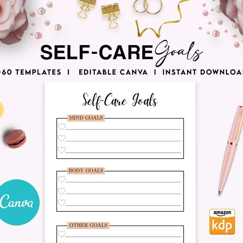 Self-care self love wellness, guided journal With Prompts 63 Editable Templates, 8.5×11″ Canva Planner editable interiors Bundle COMMERCIAL Use guided journal