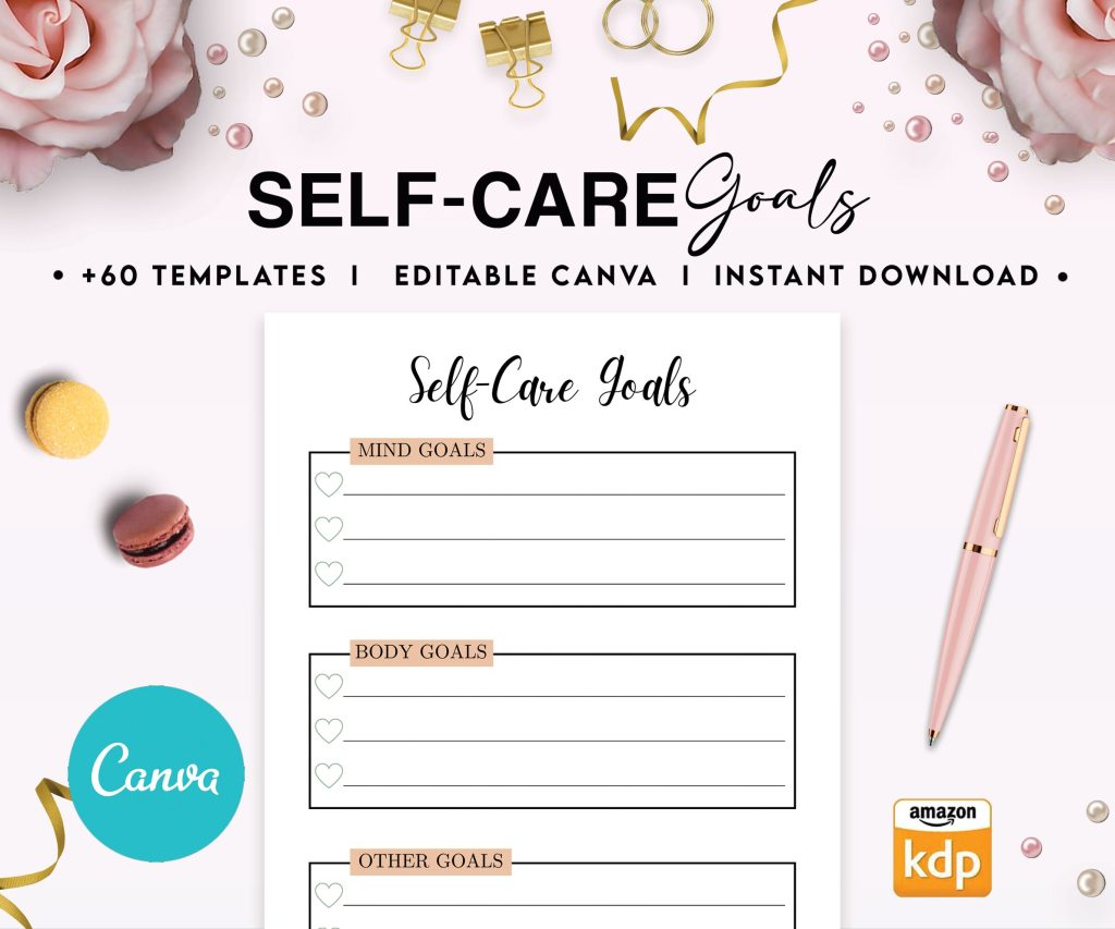Self-care self love wellness, guided journal With Prompts 63 Editable Templates, 8.5×11″ Canva Planner editable interiors Bundle COMMERCIAL Use guided journal