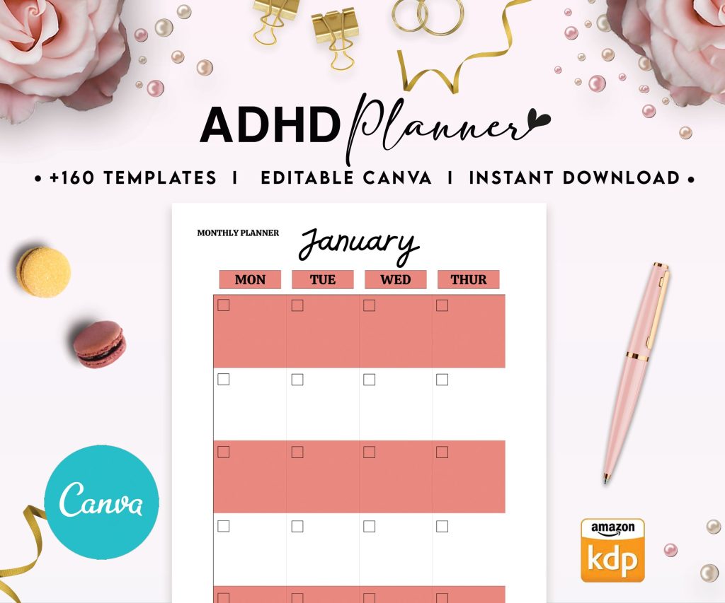 Adult ADHD +160 editable Canva Life Planner Templates for Journal, Canva Planner editable interiors bundle as print PDF adhd