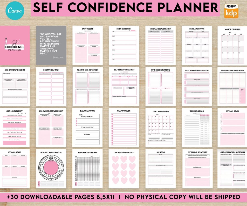 Self-Confidence Positive Affirmations Self-confidenceand self-esteem guided journal With Prompts 34 Editable Templates, 8.5×11″ Canva Planner editable interiors Bundle COMMERCIAL Use guided journal