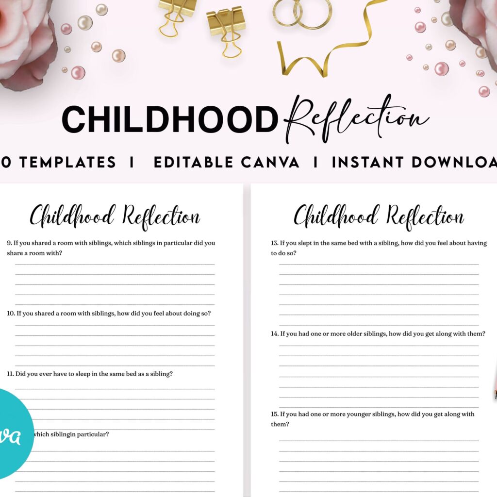Childhood Reflection guided journal With Prompts 30 Editable Templates 100 questions, 8.5×11″ Canva Planner editable interiors Bundle COMMERCIAL Use childhood reflection