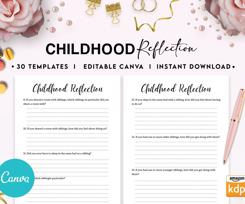 Childhood Reflection guided journal With Prompts 30 Editable Templates 100 questions, 8.5×11″ Canva Planner editable interiors Bundle COMMERCIAL Use childhood reflection