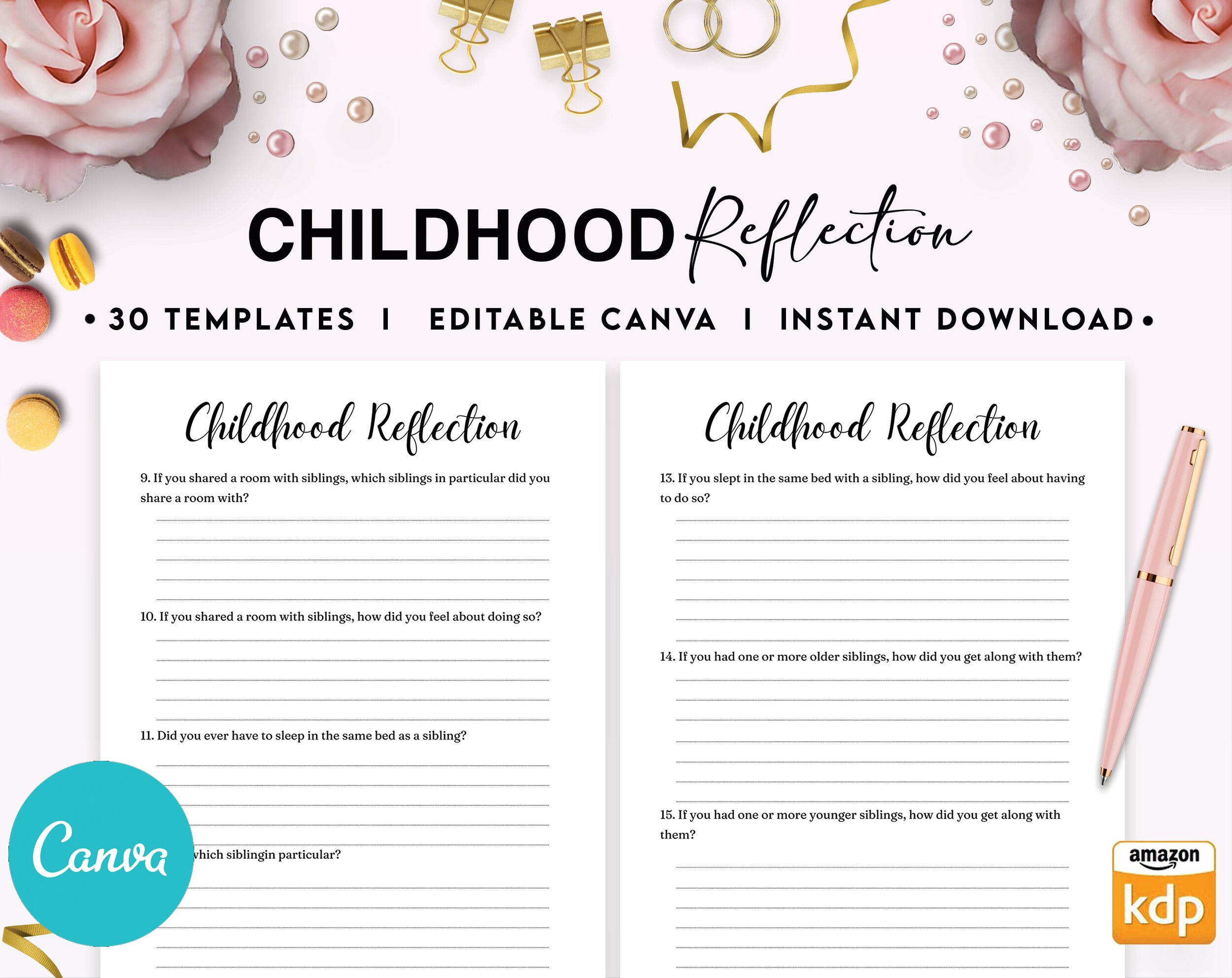 Childhood Reflection guided journal With Prompts 30 Editable Templates 100 questions, 8.5×11″ Canva Planner editable interiors Bundle COMMERCIAL Use childhood reflection