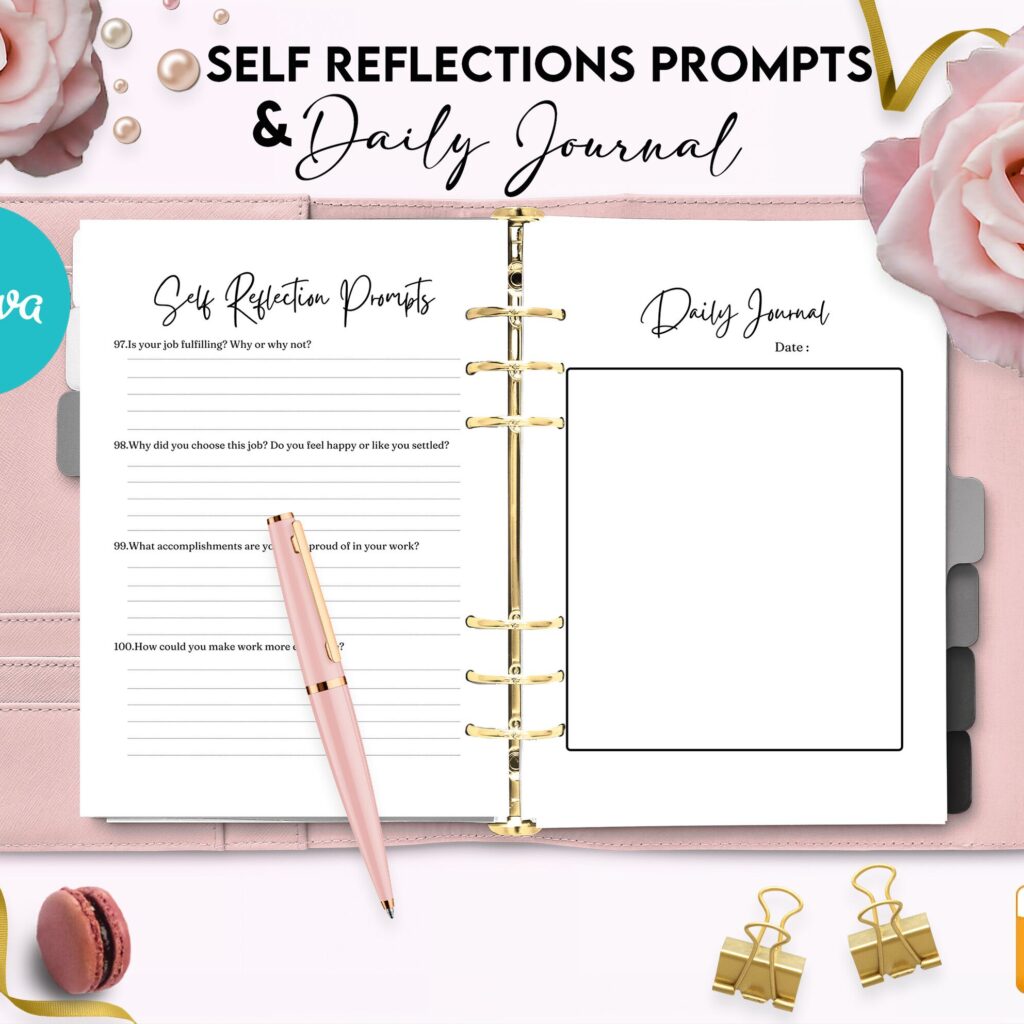 Self-Reflection guided journal With Prompts 30 Editable Templates 100 questions, 8.5×11″ Canva Planner editable interiors Bundle COMMERCIAL Use guided journal