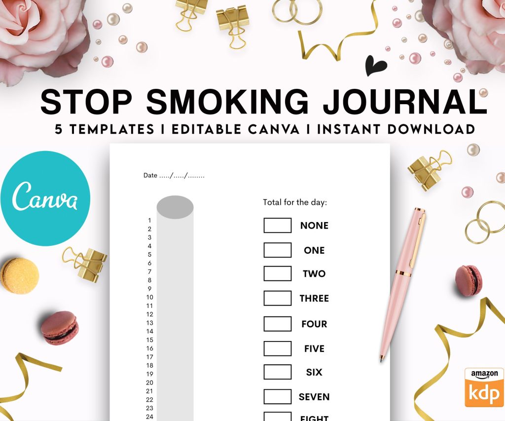 Stop Smoking Tracker Journal 5 Editable Canva Templates for Journal, Canva editable interior to Quit Smoking COMMERCIAL USE Canva editable