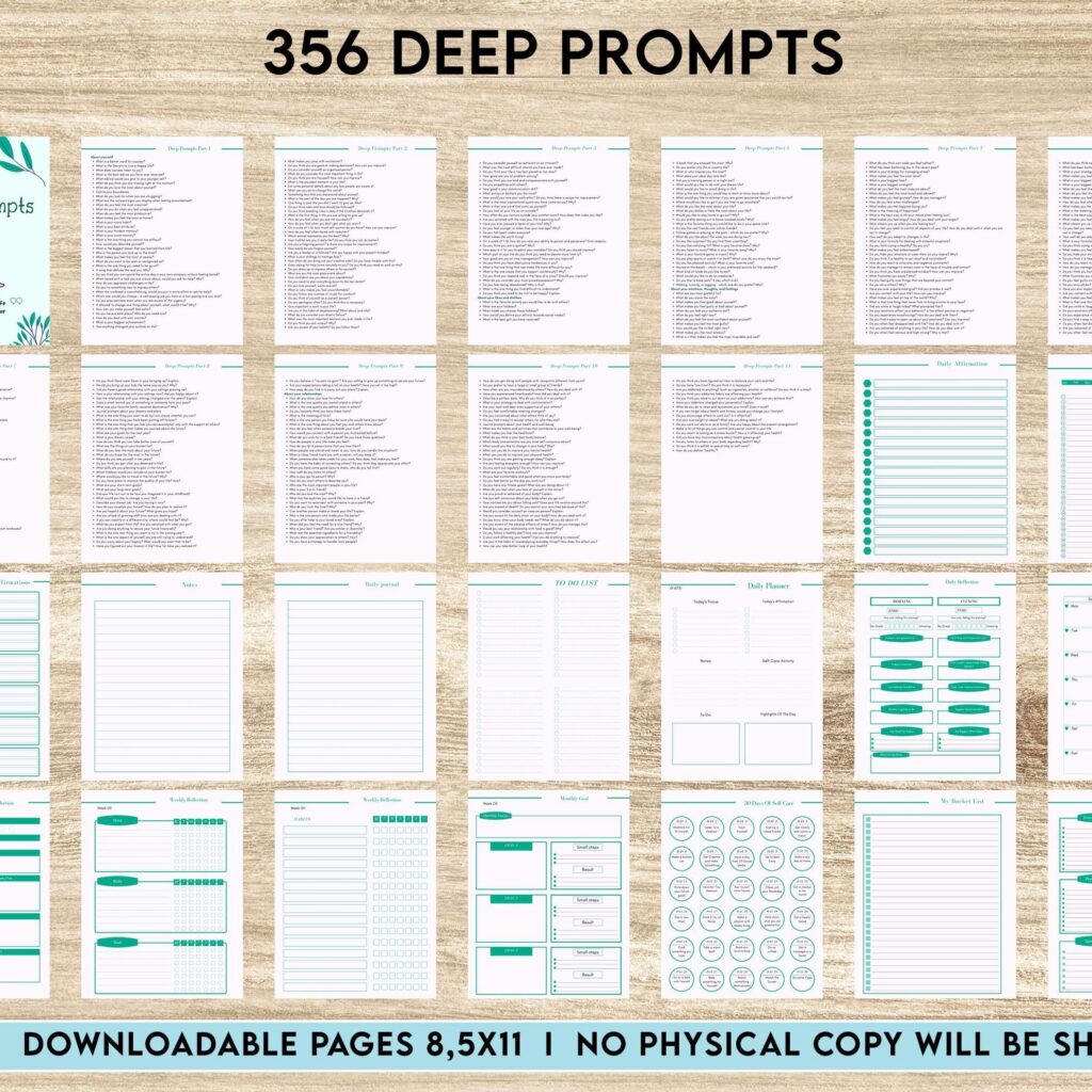 365 Journal 365 Prompts Journal, Mental Health Journal, Self Care Journal, Writing Prompts, Canva Editable Templates, interior, binder journal Anxiety Tracker