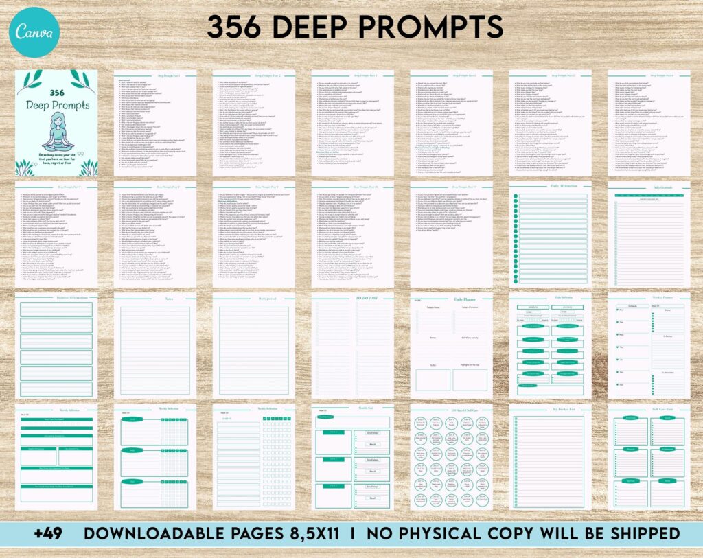 365 Journal 365 Prompts Journal, Mental Health Journal, Self Care Journal, Writing Prompts, Canva Editable Templates, interior, binder journal Anxiety Tracker