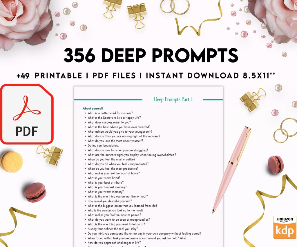 365 Prompts Journal, Mental Health Journal, Self Care Journal, Writing Prompts, PDF Printable, 8,5×11″ A4 size, binder journal Anxiety Tracker