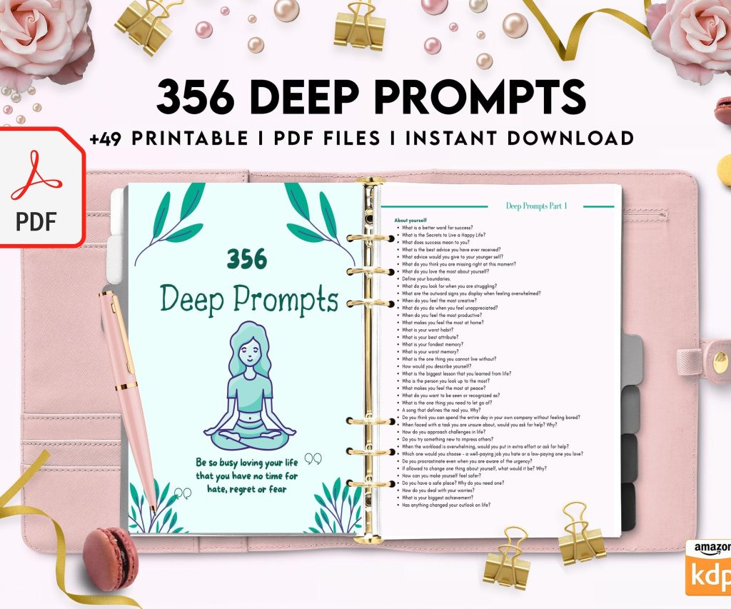 365 Prompts Journal, Mental Health Journal, Self Care Journal, Writing Prompts, PDF Printable, 8,5×11″ A4 size, binder journal Anxiety Tracker