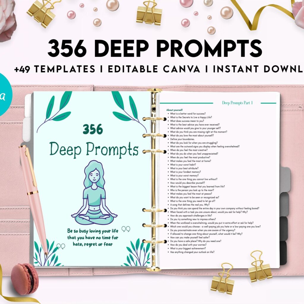 365 Prompts Journal, Mental Health Journal, Self Care Journal, Writing Prompts, Canva Editable Templates, interior, binder journal Anxiety Tracker
